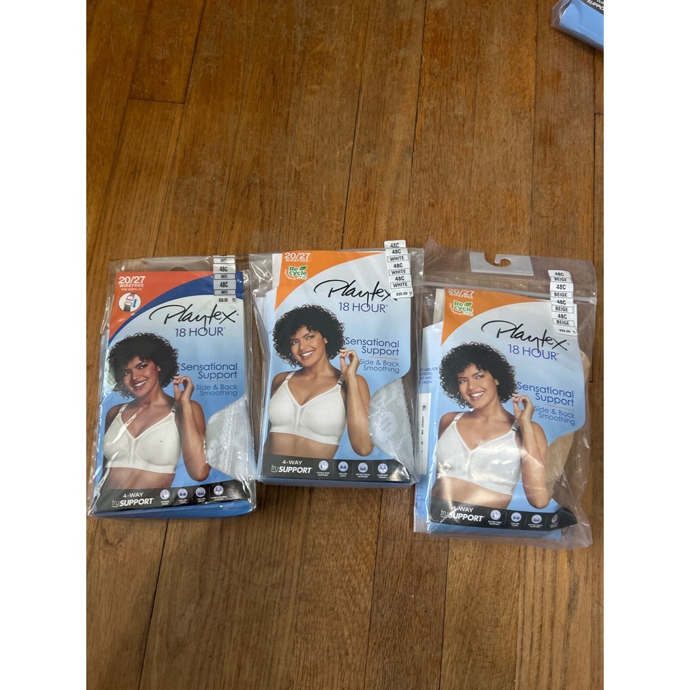 Playtex 18 Hour Sensational Support Wirefree Bra 48C 3 Pk 2 White 1 Beige 20/27
